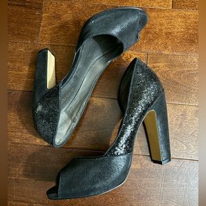 Black Glitter Peep-Toe Block Heels